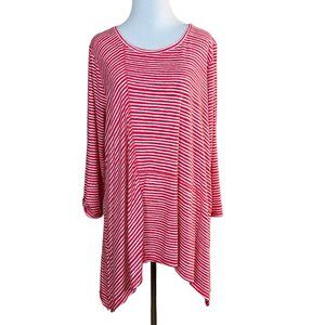 Chico's Zenergy Tunic Top L 3/4 Sleeve Red White Stripe Stretch Asymmetrical Hem